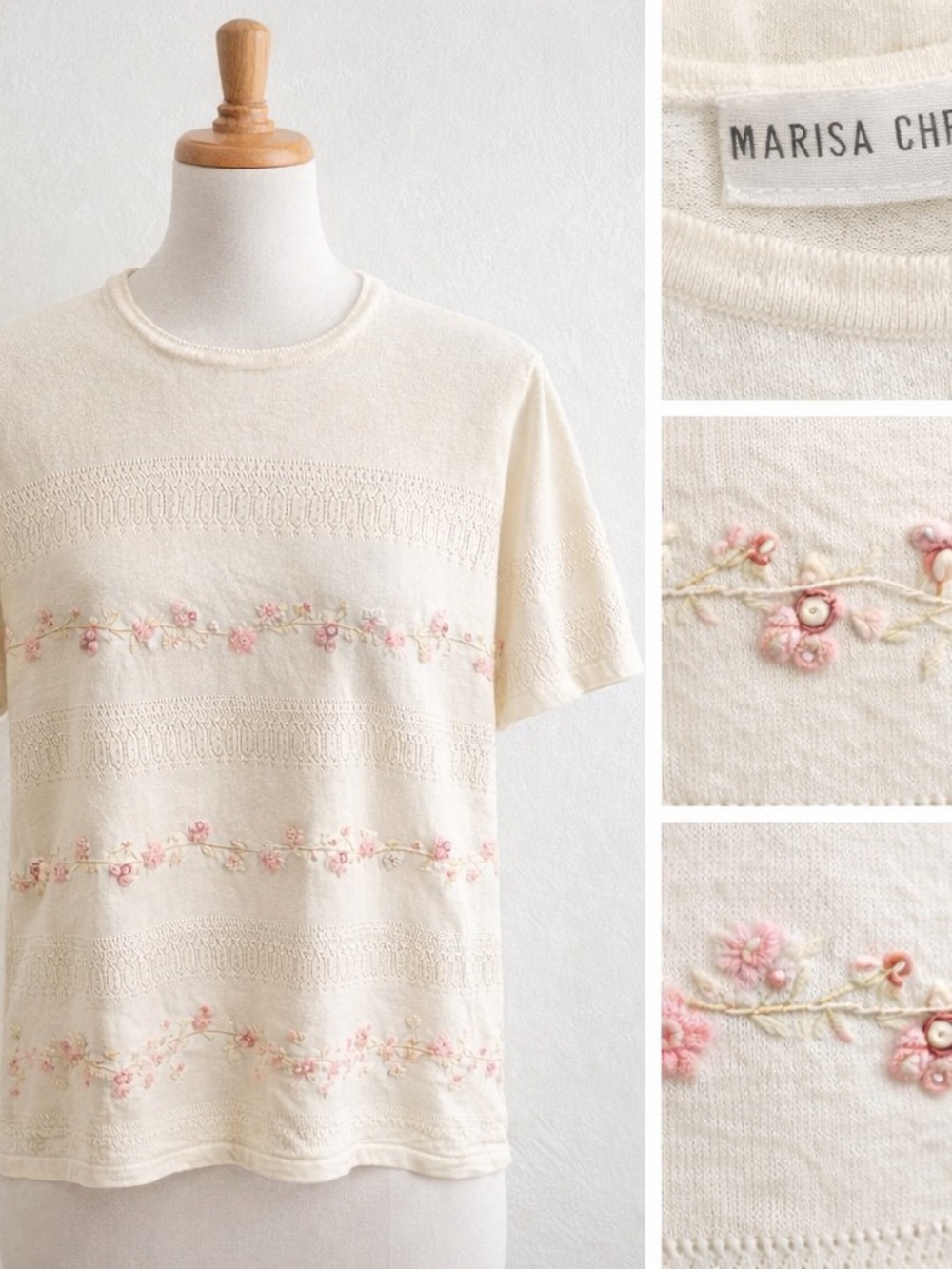 Vintage Cream Short Sleeve Tee Pink Floral Embroidery Grannycore cottage core